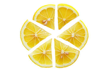 A high-resolution photo of a lemon cut into six equal wedges, arranged in a circular pattern on a stark white surface, capturing the vibrant yellow color and intricate details of the citrus fruit.