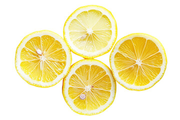Fototapeta premium A high-resolution photo of a lemon cut into six equal wedges, arranged in a circular pattern on a stark white surface, capturing the vibrant yellow color and intricate details of the citrus fruit.