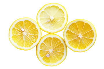 A high-resolution photo of a lemon cut into six equal wedges, arranged in a circular pattern on a stark white surface, capturing the vibrant yellow color and intricate details of the citrus fruit.