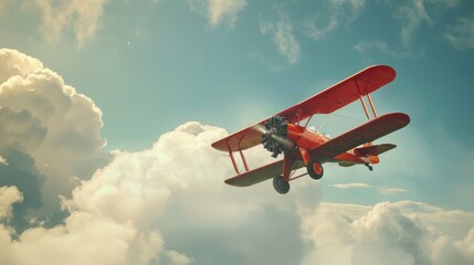 Vintage biplane soaring in cloudy sky