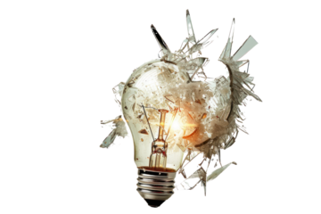A high-speed photo of an incandescent bulb shattering into a million pieces, captured in a single frame. Realistic photos on a white background