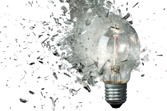 A high-speed photo of an incandescent bulb shattering into a million pieces, captured in a single frame. Realistic photos on a white background