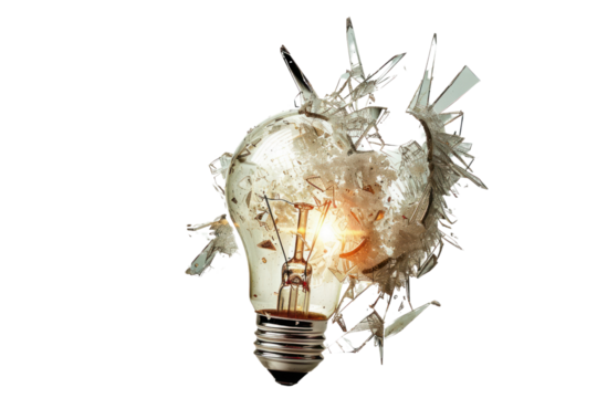 A high-speed photo of an incandescent bulb shattering into a million pieces, captured in a single frame. Realistic photos on a white background