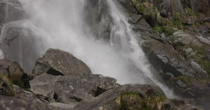 Powerful Cascades Flowing On The Rocks In Cascate Nardis Of Trentino In Val di Genova, Italy. Tracking Shot 