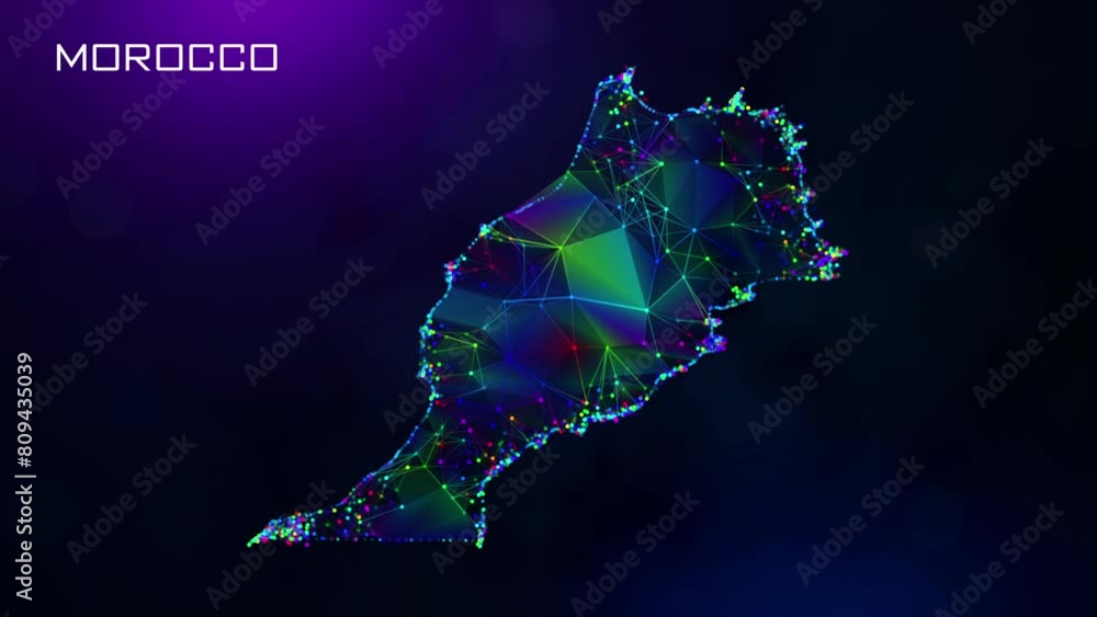 Poster futuristic motion reveal morocco map polygonal blue purple colorful connected lines and dots network