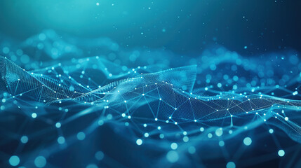 Obraz premium Abstract connected dots and lines on blue background. Communication and technology network concept with moving lines and dots