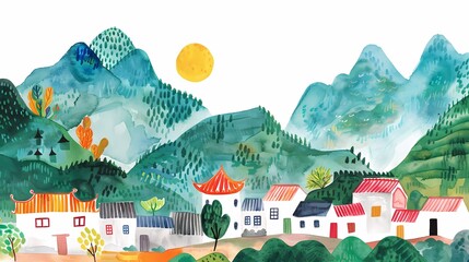 Naklejka premium Watercolor retro traditional landscape illustration poster background