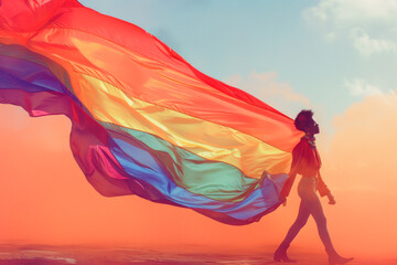 Obraz premium A woman is walking with a rainbow flag draped over her shoulders. The flag is large and colorful, and it seems to be a symbol of pride and acceptance