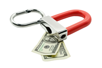 A giant horseshoe magnet hovering over a pile of gold coins and banknotes, realistic photos on a white background