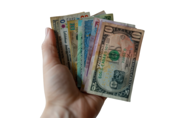 A person's hand holding a variety of international currencies, representing global commerce and the interconnectedness of the world. .,realistic photos on a white background