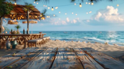 A vacant wooden table amidst the vibrant energy of a beach celebration, offering a prime location for gathering with friends.