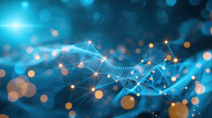 Abstract connected dots and lines on blue background. Communication and technology network concept with moving lines and dots