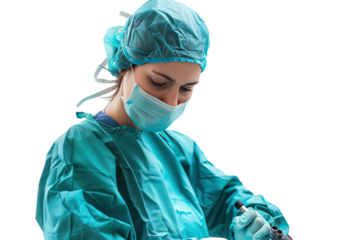 A photo of a surgeon using a robotic arm to perform a delicate operation, on a white background. .,realistic photos on a white background