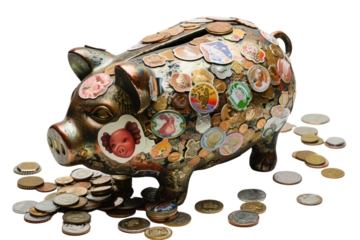 A retro-style still life featuring a vintage piggy bank adorned with whimsical stickers, coins of various denominations spilling out of its slot. .,realistic photos on a white background