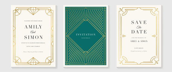 Art deco wedding invitation frame vector. Luxury classic antique cards design for VIP invite, Gatsby invitation gold, Fancy party event, Save the date card and Thank you card. Vector illustration. 