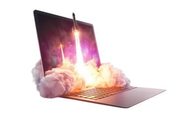 A sleek, metallic laptop with a glowing screen that bursts open to reveal a gleaming rocket soaring into the sky., realistic photos on a white background