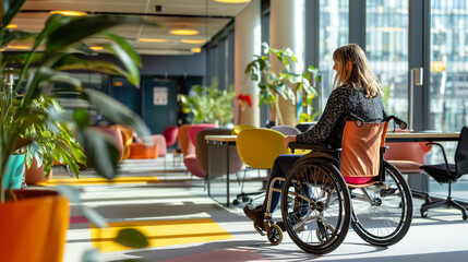 At the heart of a bustling startup office, a focused individual in a wheelchair engages with their work, surrounded by a sea of modern ergonomic desks and vibrant splashes of color.