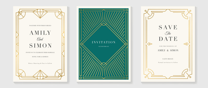 Art deco wedding invitation frame vector. Luxury classic antique cards design for VIP invite, Gatsby invitation gold, Fancy party event, Save the date card and Thank you card. Vector illustration. 