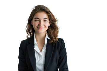 Obraz premium A young, confident businesswoman with a warm smile, dressed in a sharp suit, standing against a white background., realistic photos on a white background