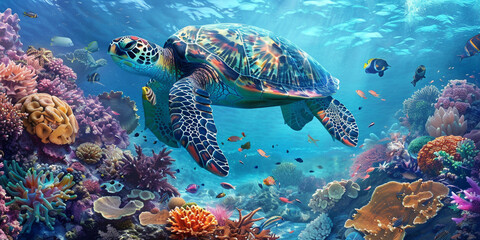An image of an enchanting sea turtle gliding gracefully through vibrant coral reefs, surrounded by colorful marine life