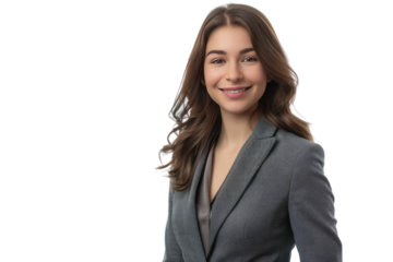 A young, confident businesswoman with a warm smile, dressed in a sharp suit, standing against a white background., realistic photos on a white background