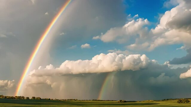 Blue sky Time lapse with colorful rainbow, rainbow in blue sky with clouds, beautiful rainbow, footage, 4k footage, videos, short video. animation, slow motion