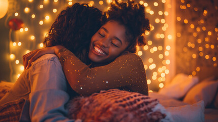 A cozy bedroom, adorned with twinkling string lights and plush pillows, an African American mother wraps her arms around her teenage daughter.