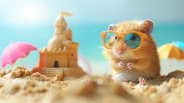 A cheerful hamster in a tiny bikini and sunglasses, building a sandcastle. The scene is detailed with a playful, sunny beach background in 3D. Mood: cheerful, creative.