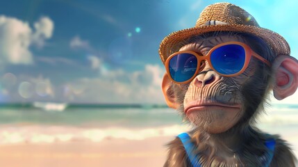 A curious monkey in a casual beach outfit and trendy sunglasses, searching for seashells