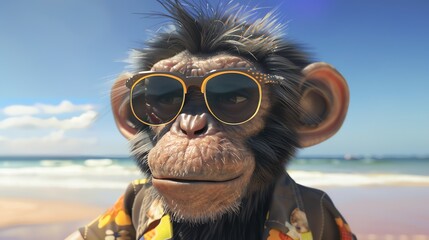A curious monkey in a casual beach outfit and trendy sunglasses, searching for seashells