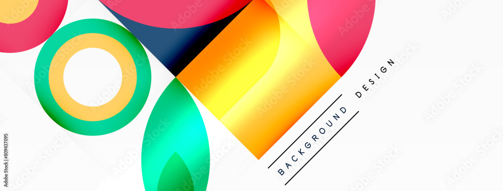 Poster vibrant art featuring circles, squares, and triangles in a colorful pattern on a white background. e