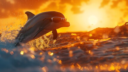 A joyful dolphin wearing sleek sunglasses, jumping over waves at sunset