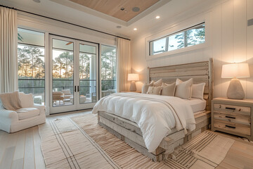 Elegant Coastal Retreat with Modern, Airy Bedroom Design, Featuring Reclaimed Wood Furniture and Soft Beige Tones Illuminated by Sunset