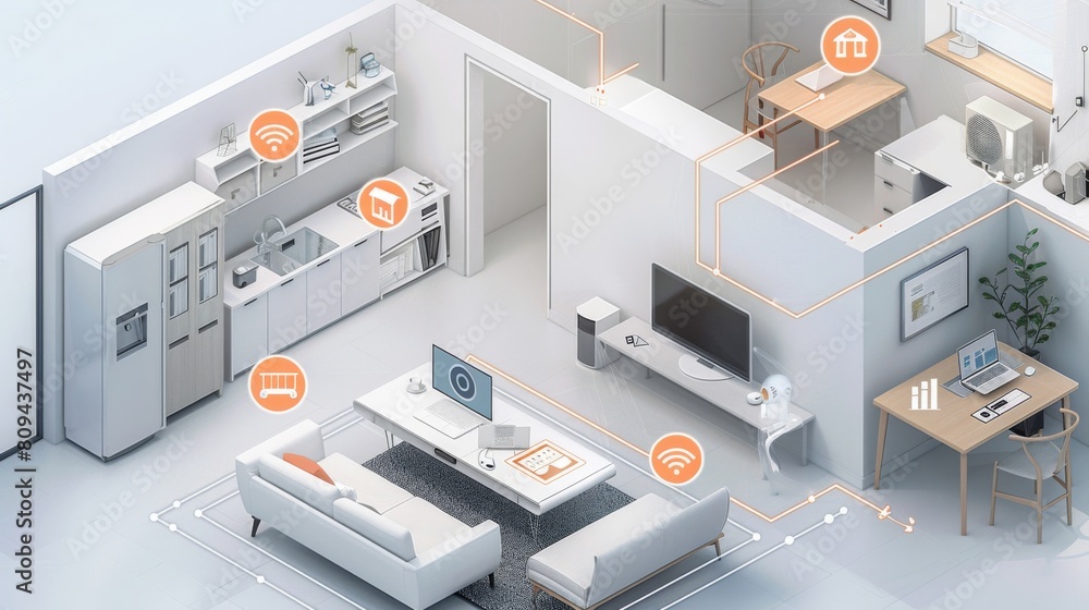 Poster advanced home office featuring ai-driven task management and iot connectivity