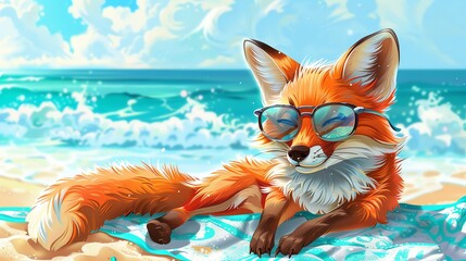 Fototapeta premium A stylish fox wearing oversized sunglasses, lounging on a beach towel