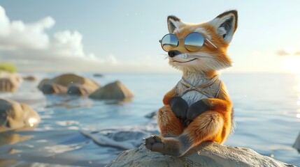 A thoughtful fox in a casual summer outfit and reflective sunglasses, sitting on a rock and gazing...