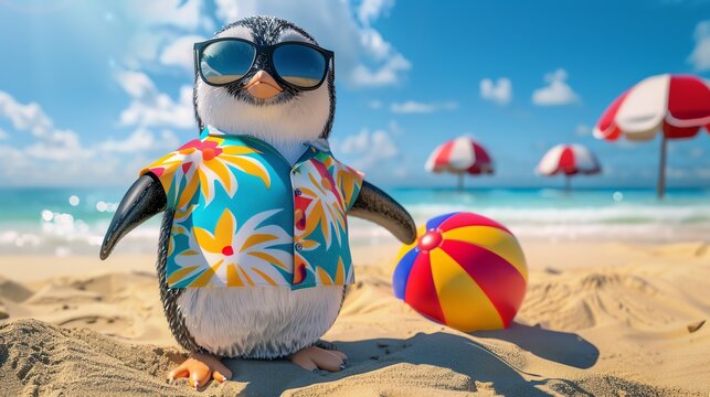 A charming penguin dressed in a colorful beach shirt and flip-flops, wearing stylish sunglasses while holding a beach ball - Powered by Adobe