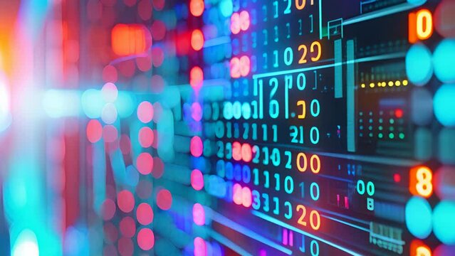 Close-up view of vibrant binary code and network data in a digital technology abstract