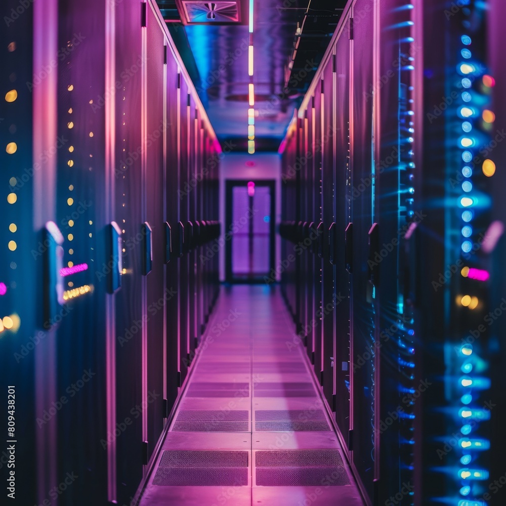 Poster ai-driven data center, rows of servers with ambient lighting, styled as sleek and modern