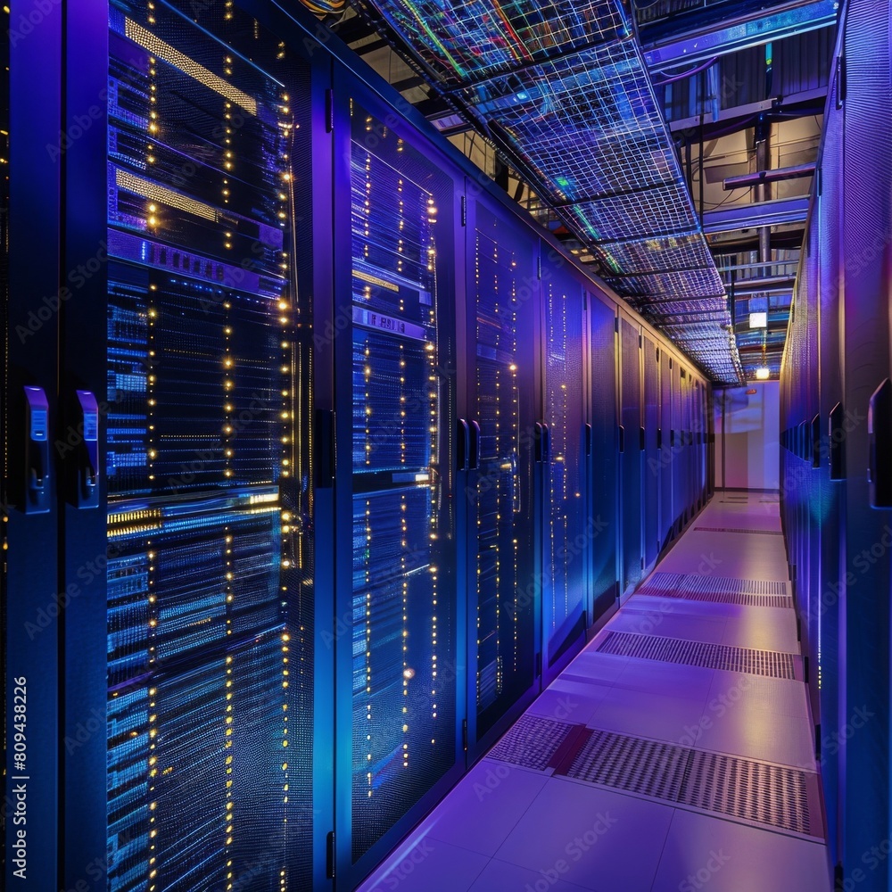 Poster ai-driven data center, rows of servers with ambient lighting, styled as sleek and modern