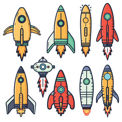 Collection colorful cartoon rockets spaceship flying, space exploration, childrens book illustration. Assortment retro rocket designs, vibrant colors, flat graphic style, outer space theme. Features