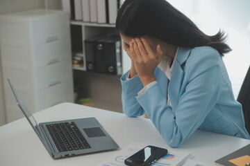 Tired teen girl rubbing dry irritable eyes feel eye strain tension migraine after computer work,...