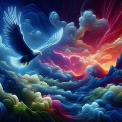 As a stock photographer specializing in captivating visuals, I am pleased to present an exquisite image of an eagle soaring through the clouds in the sky, depicted in a mesmerizing abstract neon 16k a