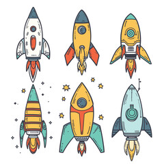 Set colorful cartoon rockets space travel launch spacecraft designs stars cosmos exploration. Cute handdrawn rocket ships pattern childrens book illustration space theme isolated white background