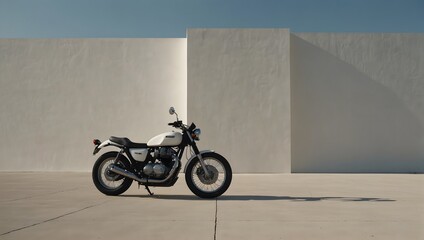 Alone against a blank canvas, a solitary motorcycle stands with a backdrop of solid white...