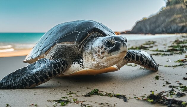 capturing the elusive beauty of a flatback sea turtle as it sunbathes on a remote, sandy shoreline. The turtle's domed carapace, adorned with intricate patterns beach background