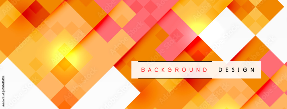 Poster vibrant orange triangles, amber rectangles, and colorful squares create a symmetrical pattern on a w