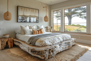 Rustic Coastal Bedroom with Handcrafted Driftwood Bed and Eco-Friendly Design, Featuring a Beige and Blue Palette with Dusk Light Views