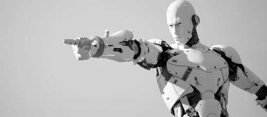 A white robot is pointing with its finger on a white background.