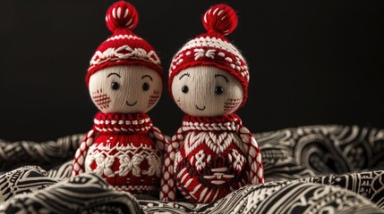 Traditional red and white yarn dolls on a black background representing the male and female figures named Pizho and Penda worn on Baba Marta Day to symbolize the arrival of spring